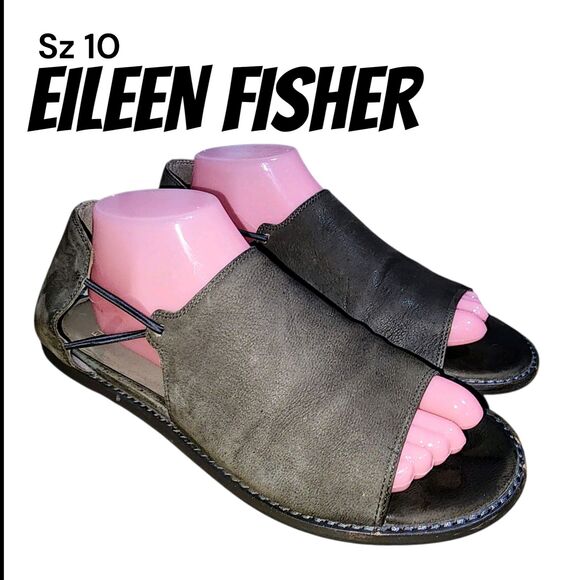 EILEEN FISHER Sz10 Taupe Leather Open Toe Elastic Sides Well Loved Flats Sandals - Picture 12 of 12
